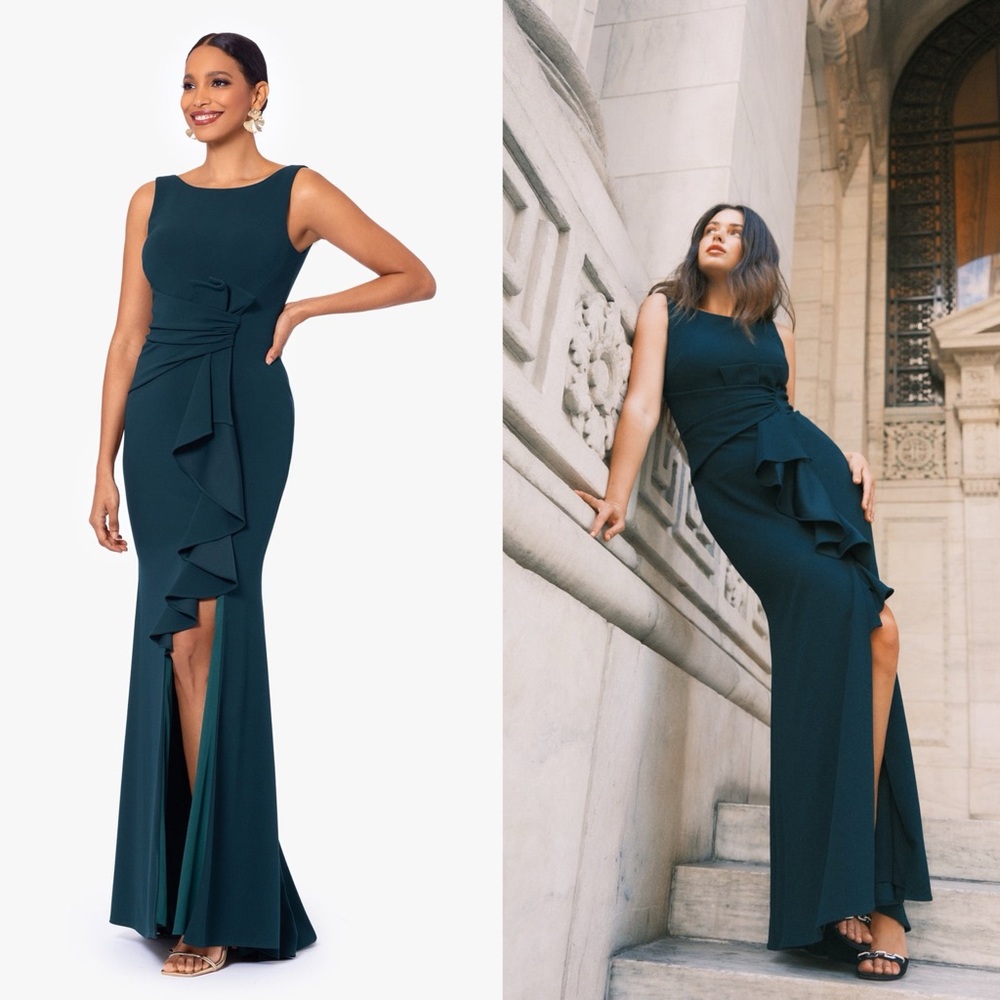 Betsy & Adam Christine Scuba Crepe Ruffled Bow Gown Size 8 Pine Green Dress. G9